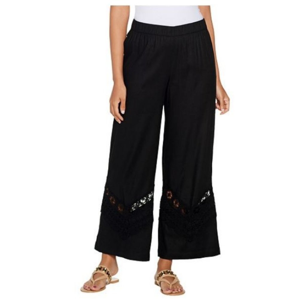 Susan Graver Linen Blend Ankle Pant Crochet Detail - Picture 1 of 4